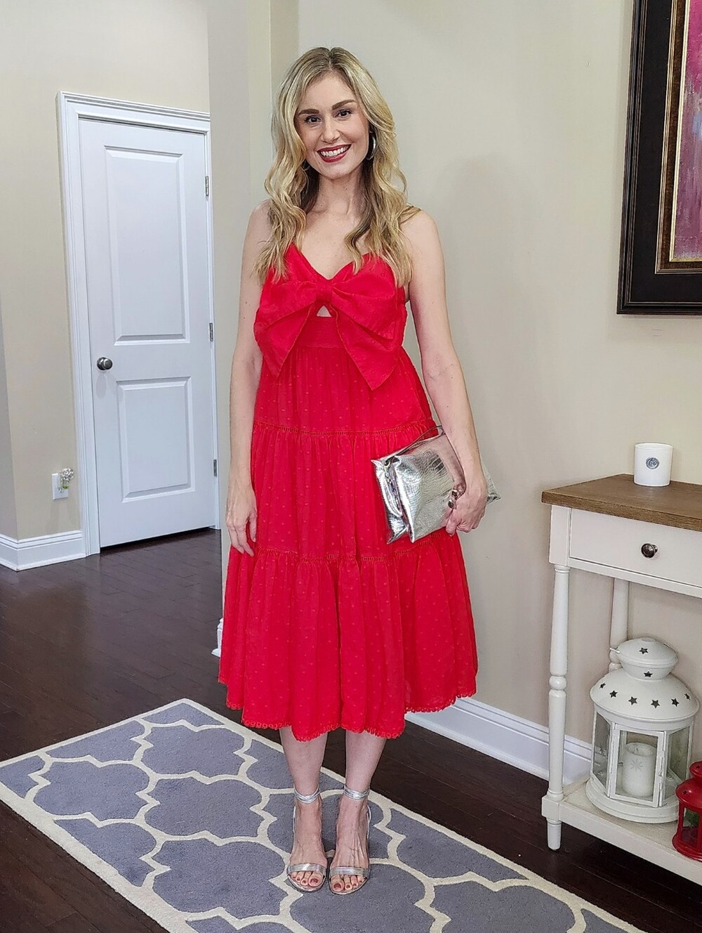 Vici Red Tie-Front With Bow Tiered Midi Dress